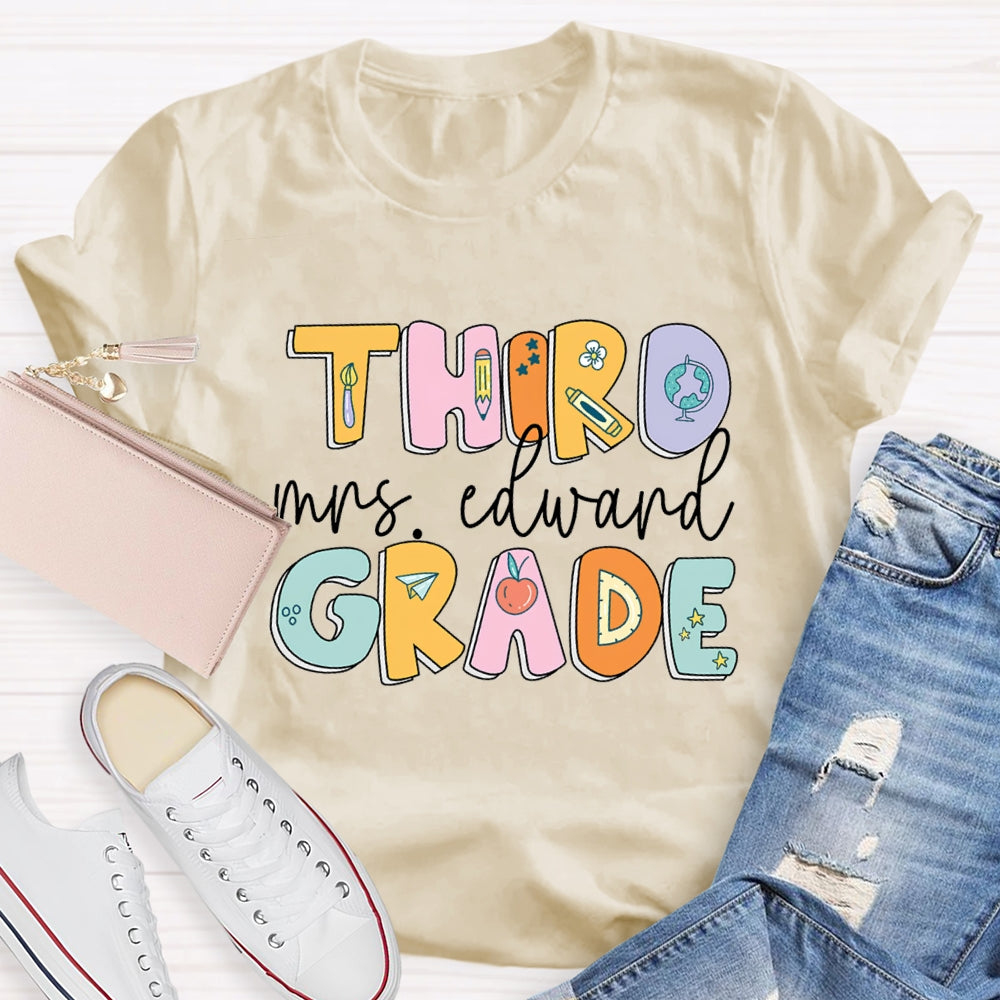 Personalized Name And Grade Second Grade Pencil And Flower T-shirt
