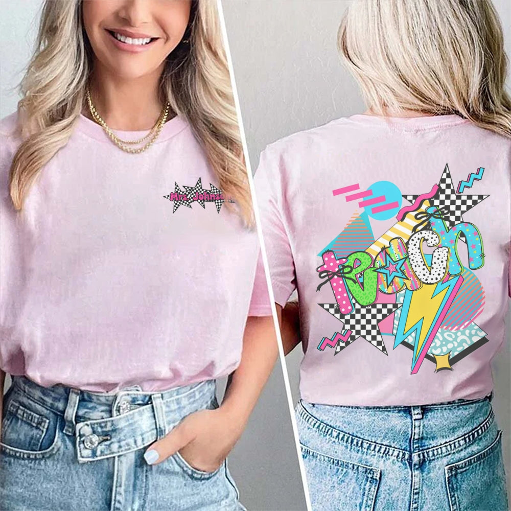 Personalized Name Teach Colorful Polka Dot And Stripe Print Double Printed T-shirt