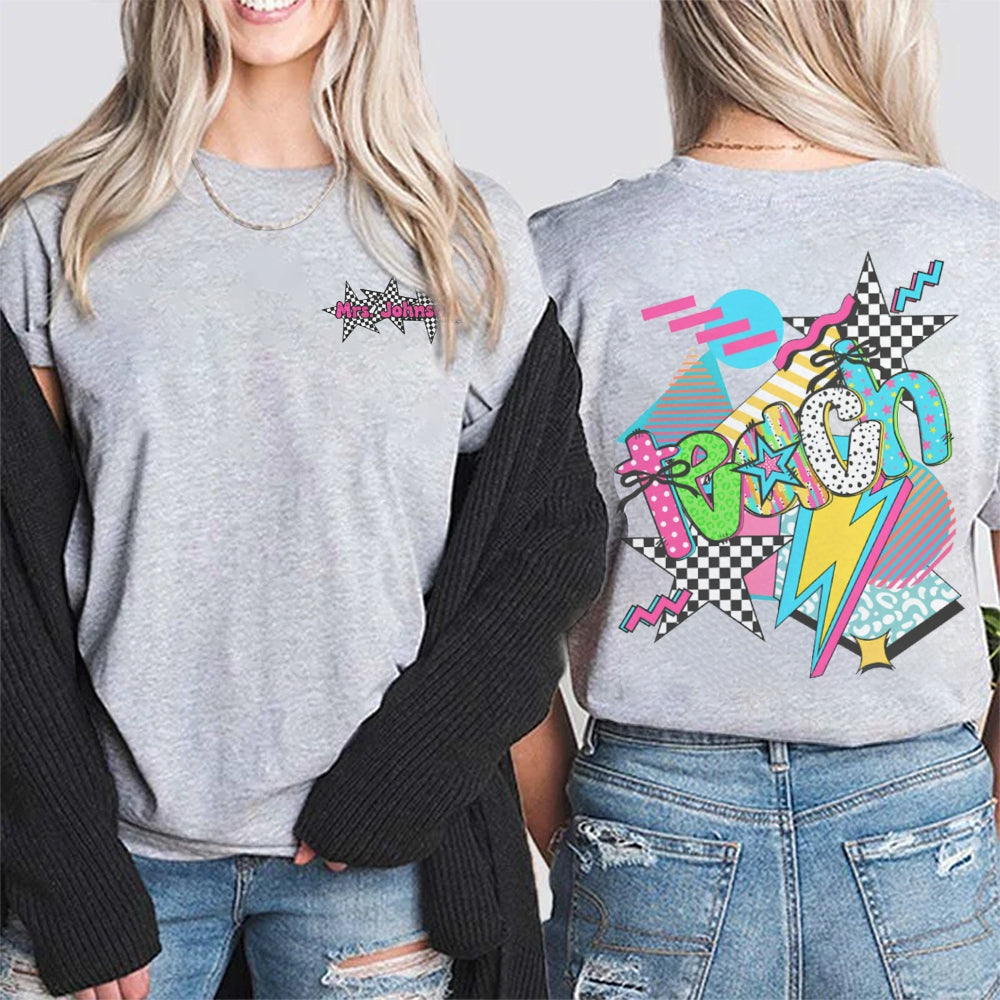 Personalized Name Teach Colorful Polka Dot And Stripe Print Double Printed T-shirt