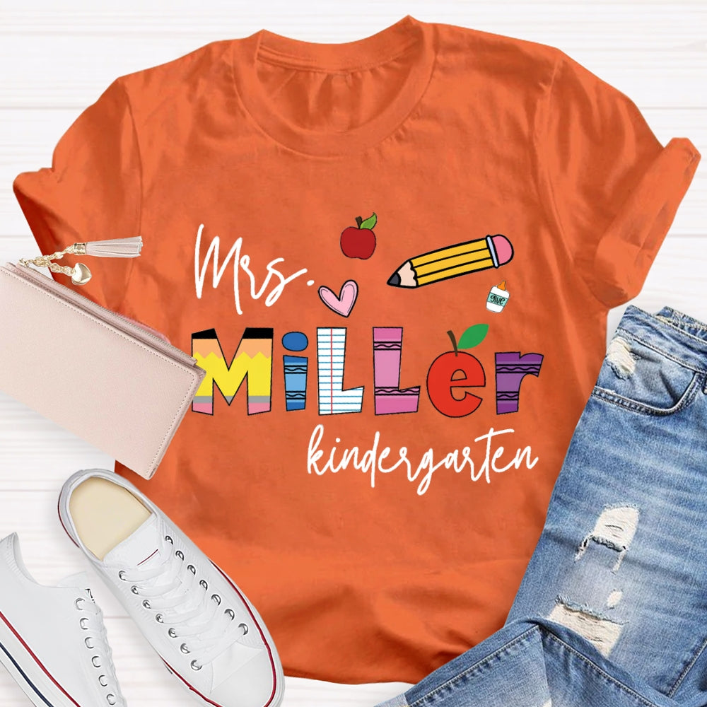 Personalized Name Kindergarten Pink Heart And Pencil T-shirt