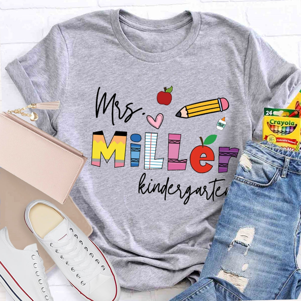 Personalized Name Kindergarten Pink Heart And Pencil T-shirt