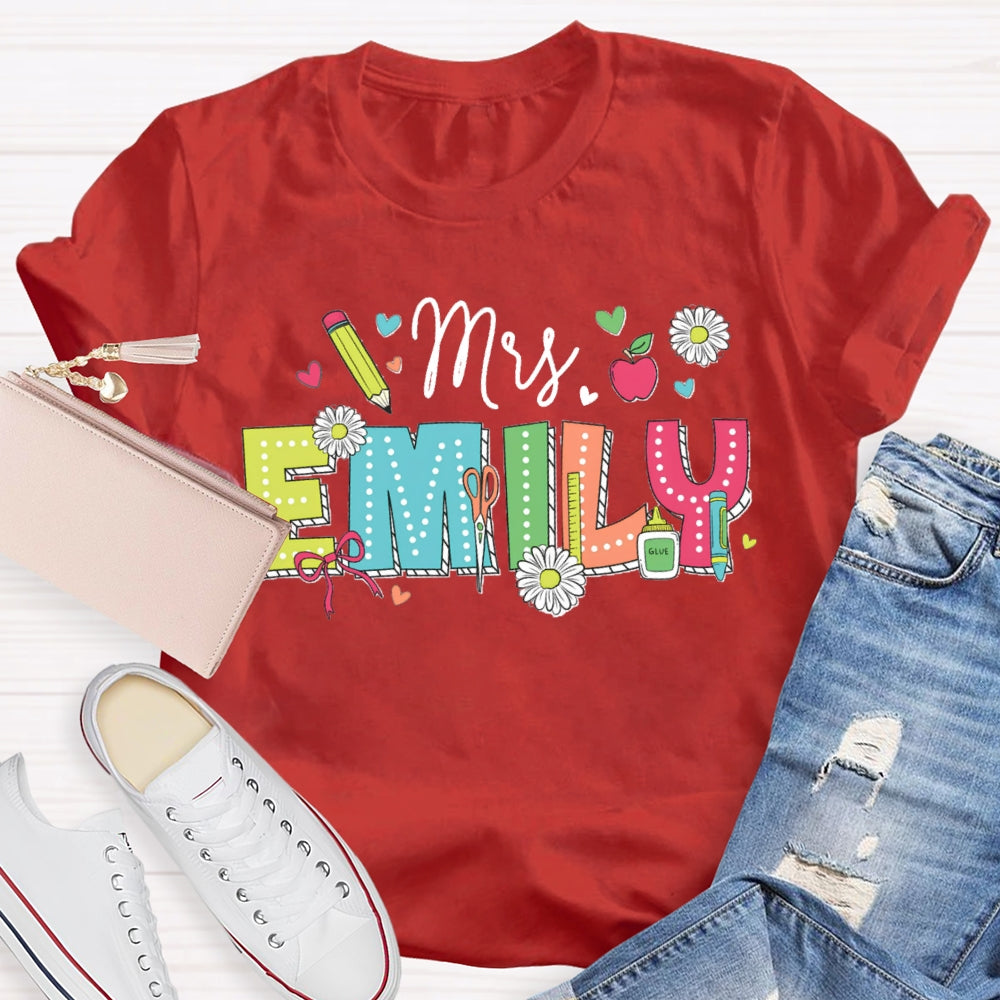 Personalized Name Back To School Daisies And Hearts Teacher T-shirt