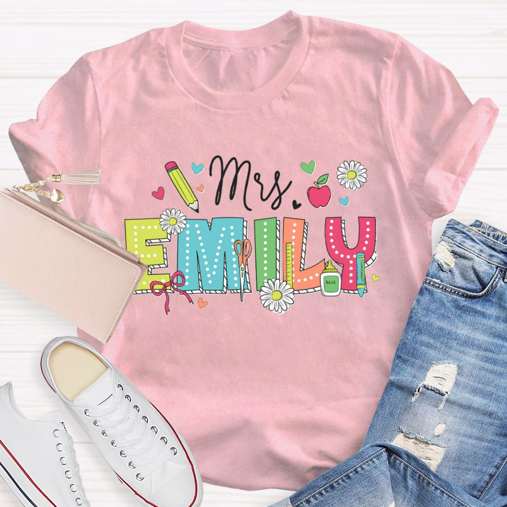 Personalized Name Back To School Daisies And Hearts Teacher T-shirt