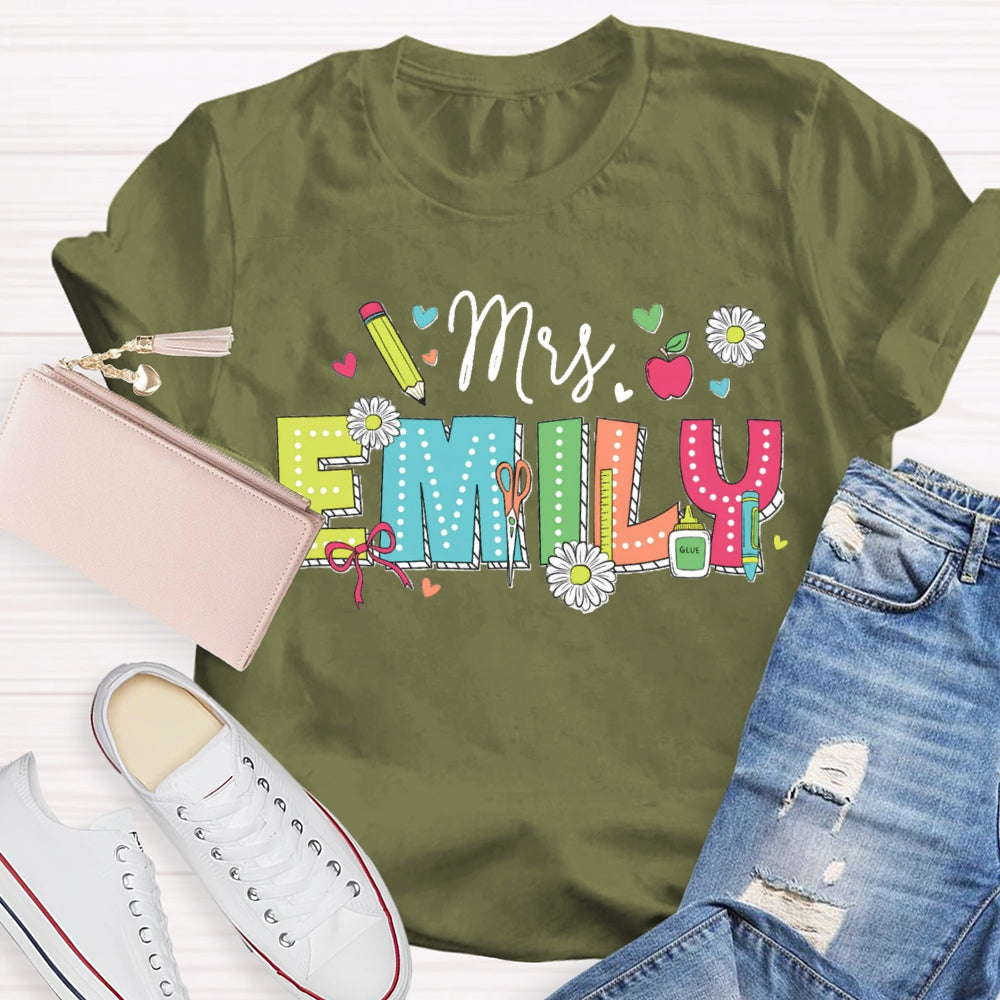 Personalized Name Back To School Daisies And Hearts Teacher T-shirt