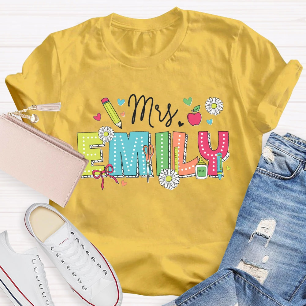 Personalized Name Back To School Daisies And Hearts Teacher T-shirt
