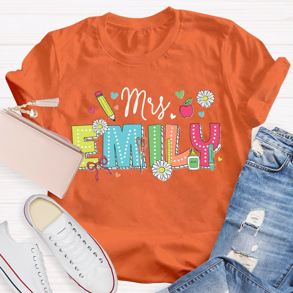 Personalized Name Back To School Daisies And Hearts Teacher T-shirt