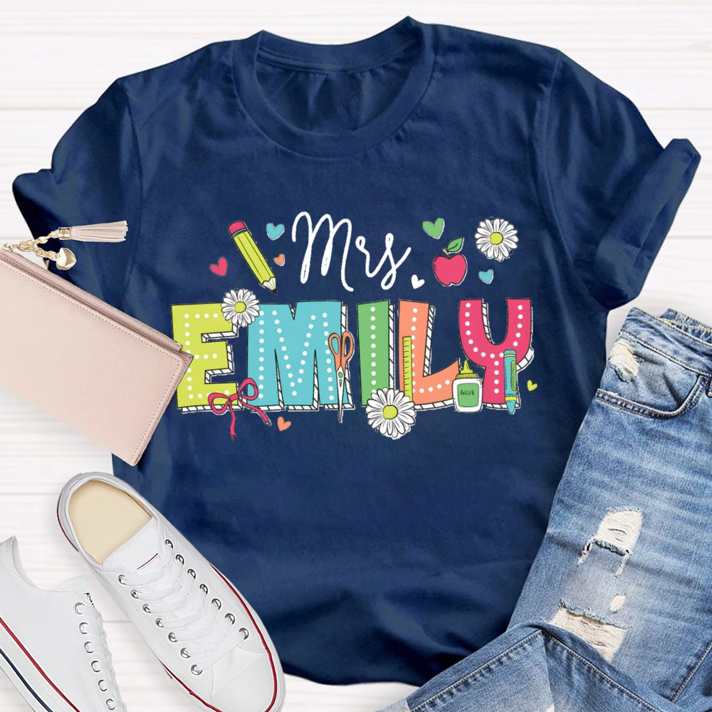 Personalized Name Back To School Daisies And Hearts Teacher T-shirt