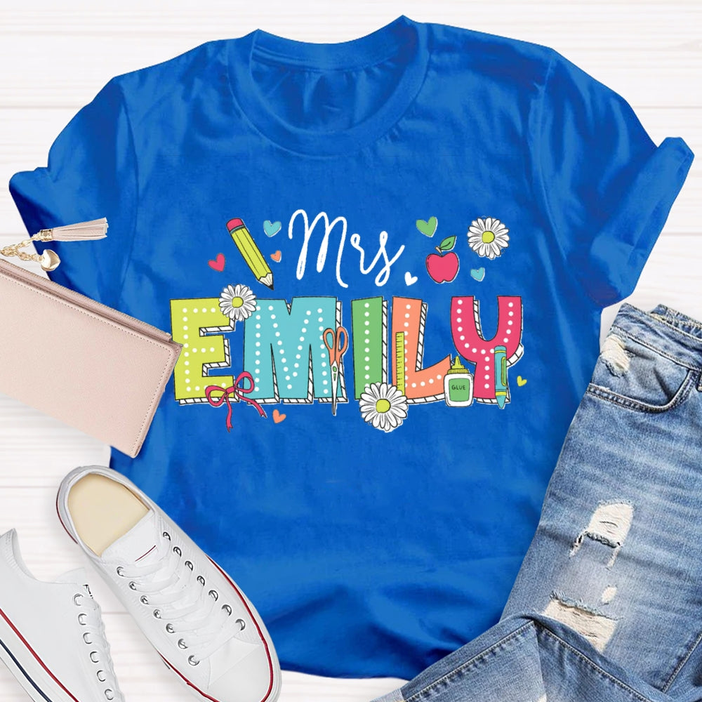 Personalized Name Back To School Daisies And Hearts Teacher T-shirt