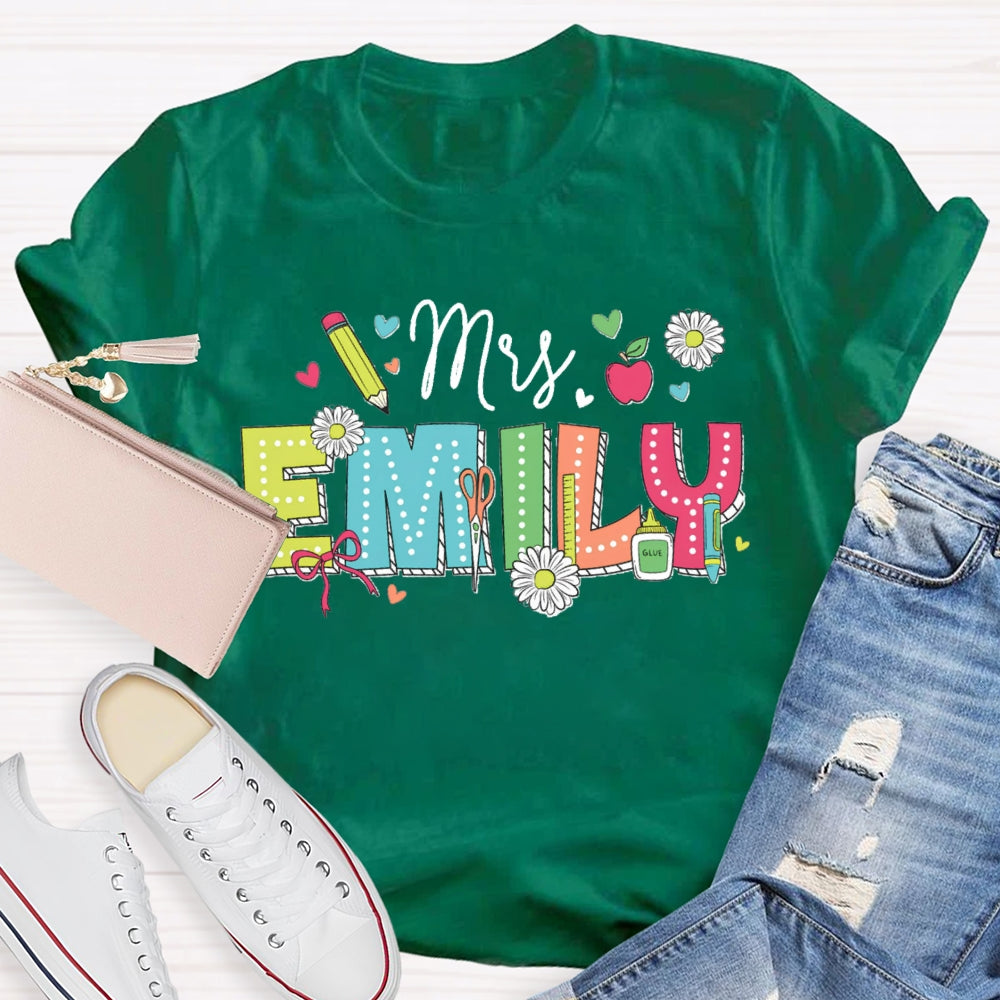 Personalized Name Back To School Daisies And Hearts Teacher T-shirt