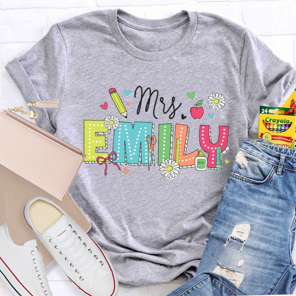 Personalized Name Back To School Daisies And Hearts Teacher T-shirt