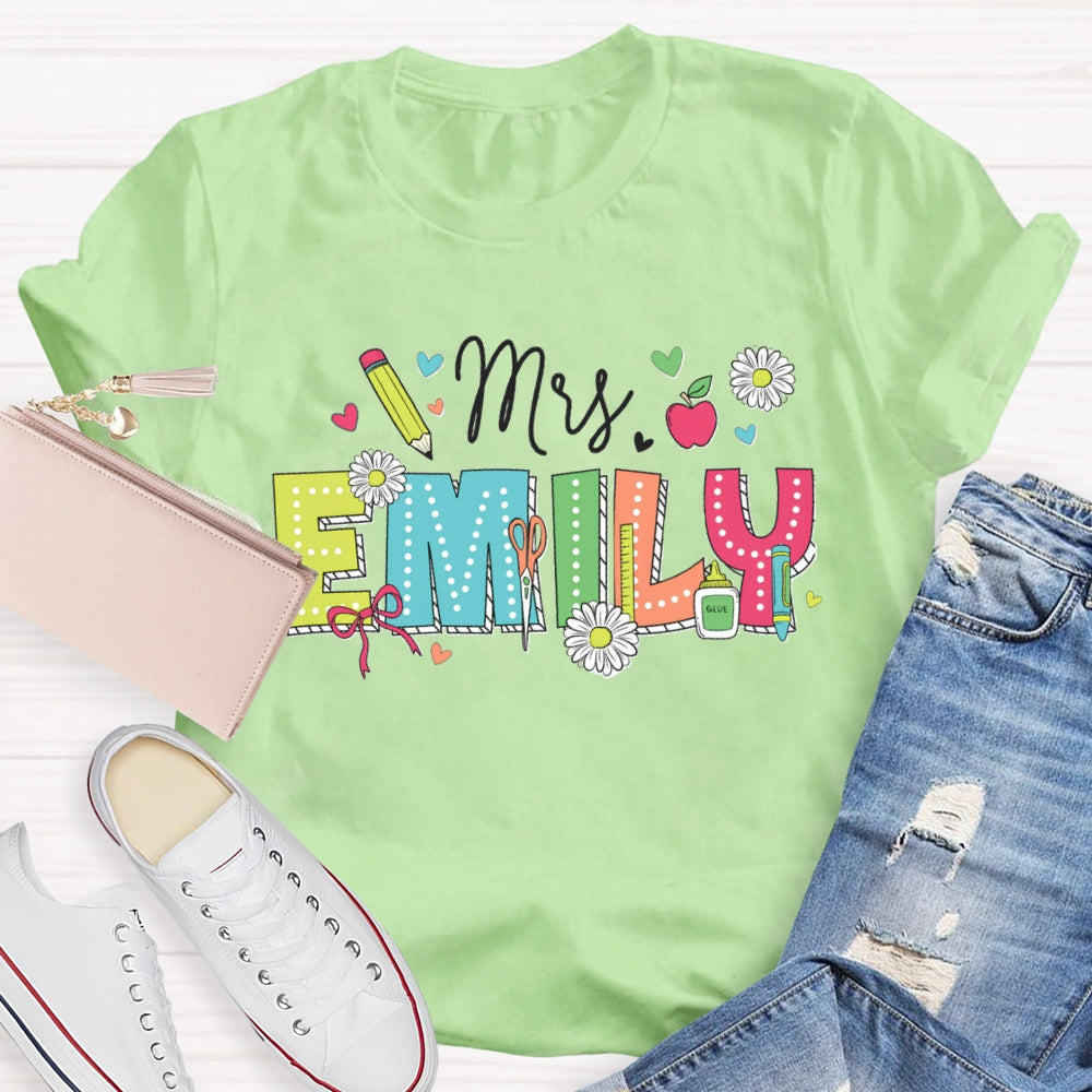 Personalized Name Back To School Daisies And Hearts Teacher T-shirt