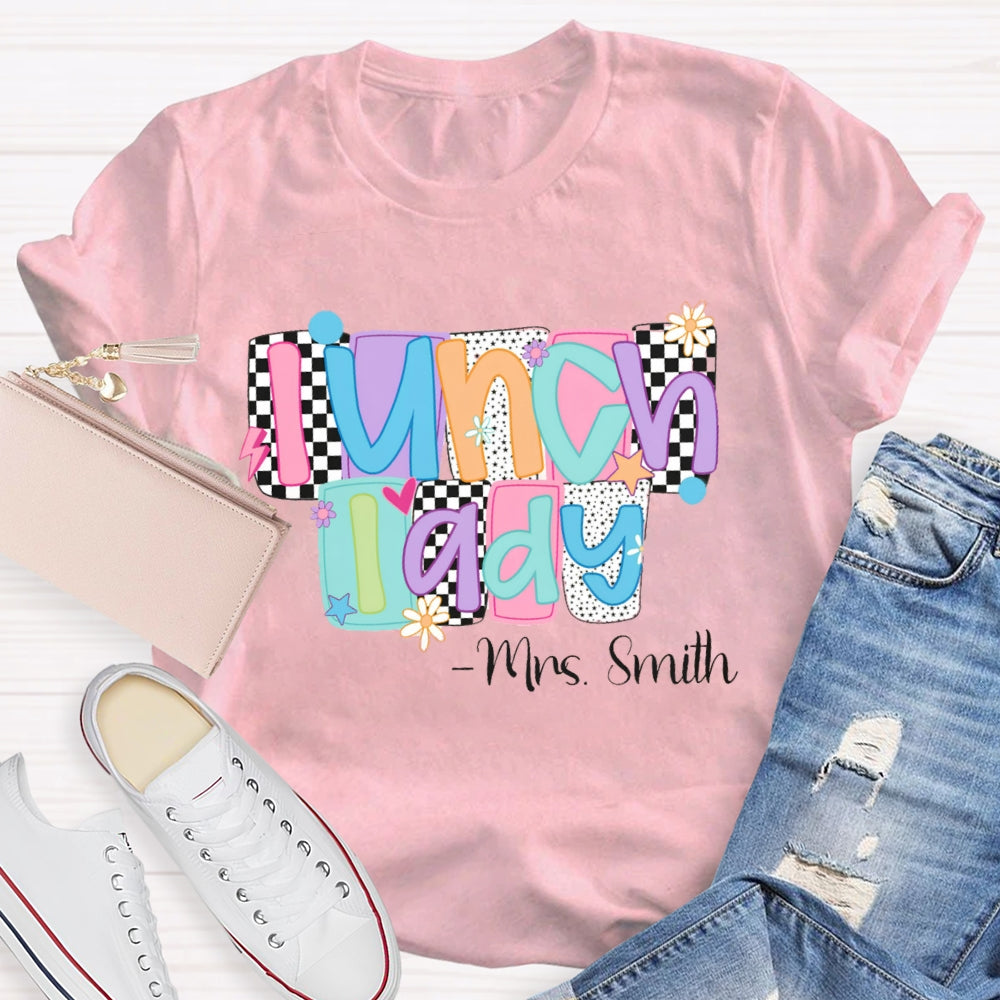 Personalized Name Lunch Lady Squares And Dots T-shirt