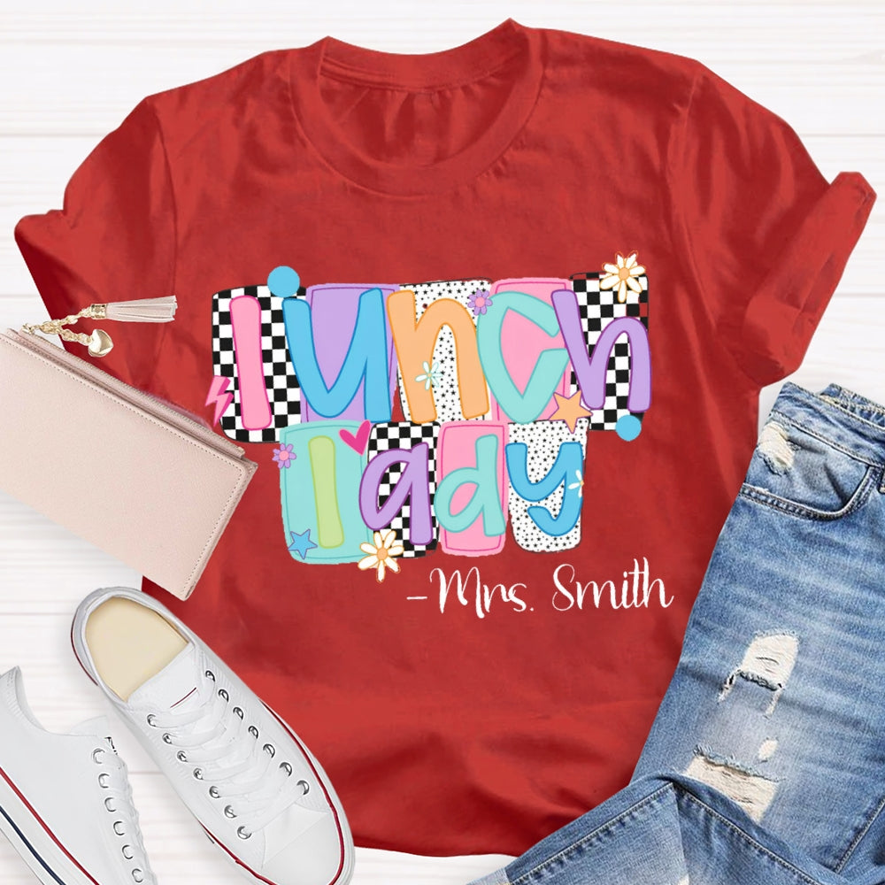Personalized Name Lunch Lady Squares And Dots T-shirt