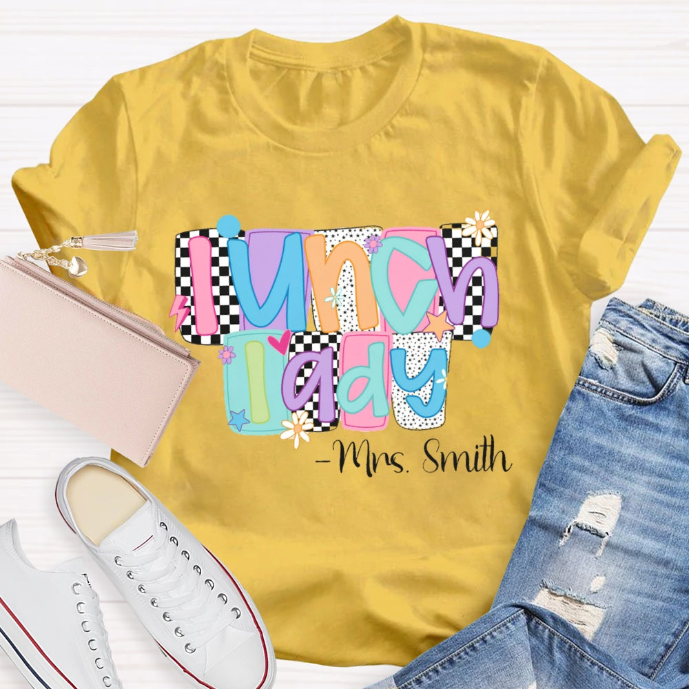 Personalized Name Lunch Lady Squares And Dots T-shirt