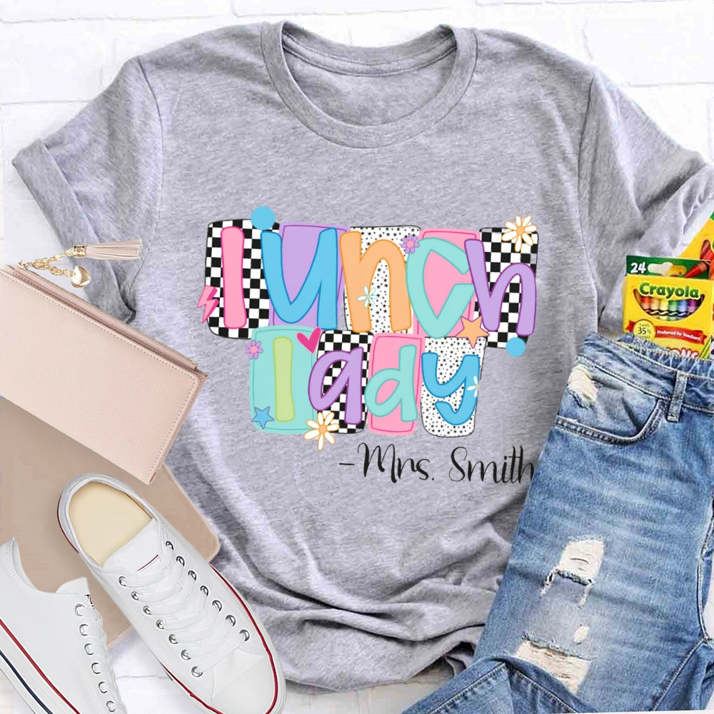 Personalized Name Lunch Lady Squares And Dots T-shirt