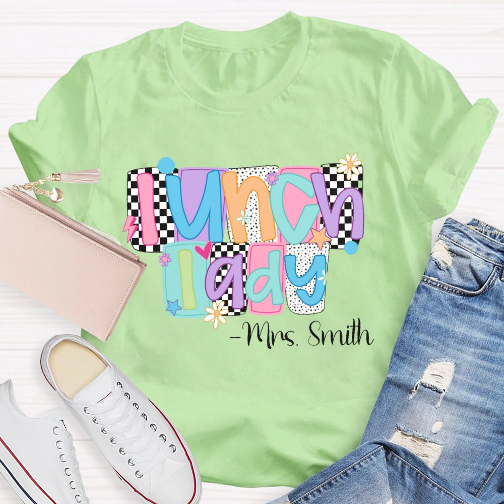 Personalized Name Lunch Lady Squares And Dots T-shirt