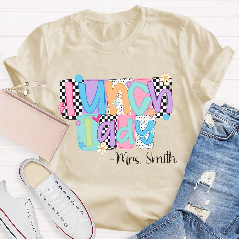 Personalized Name Lunch Lady Squares And Dots T-shirt