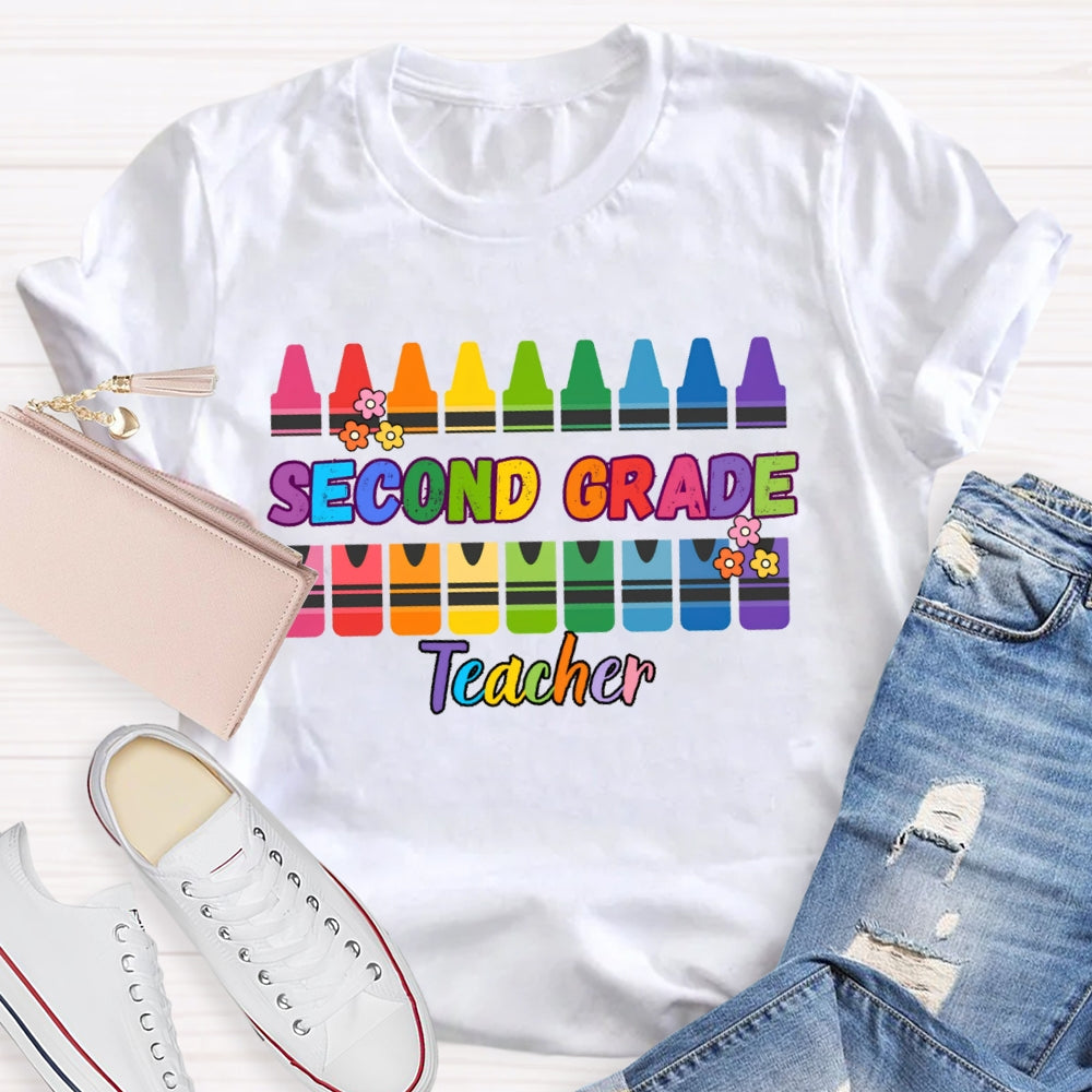 Personalized Grade Second Grade Teacher Colored Crayons T-shirt