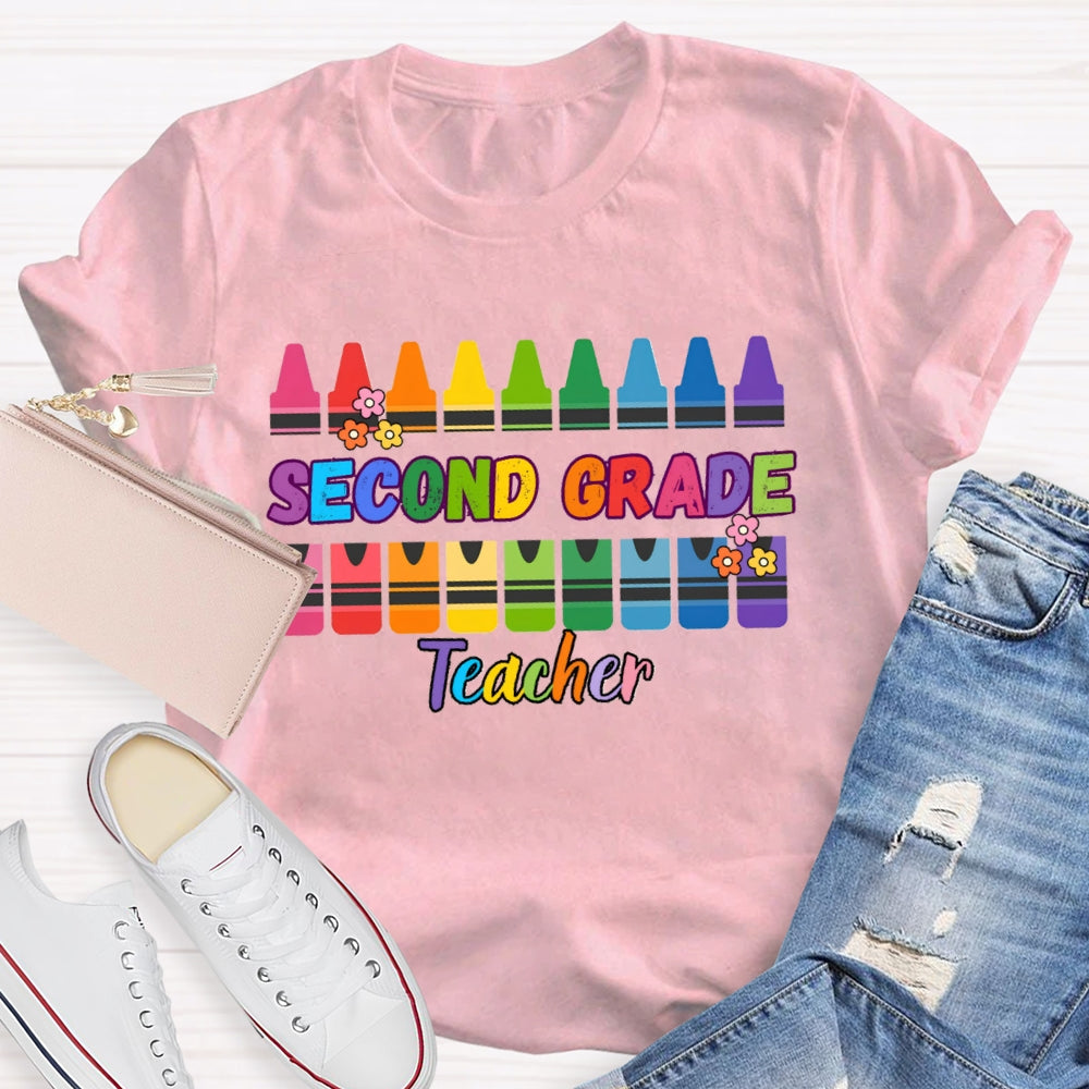 Personalized Grade Second Grade Teacher Colored Crayons T-shirt