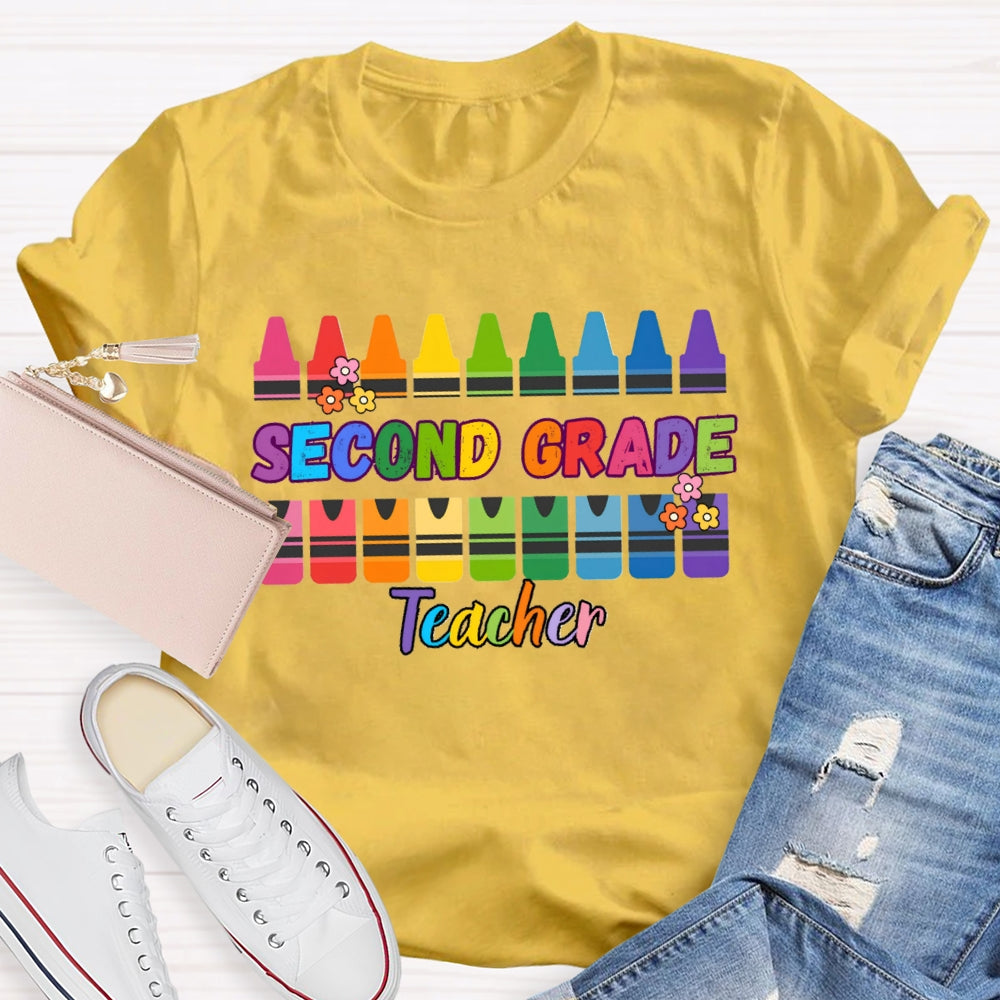 Personalized Grade Second Grade Teacher Colored Crayons T-shirt
