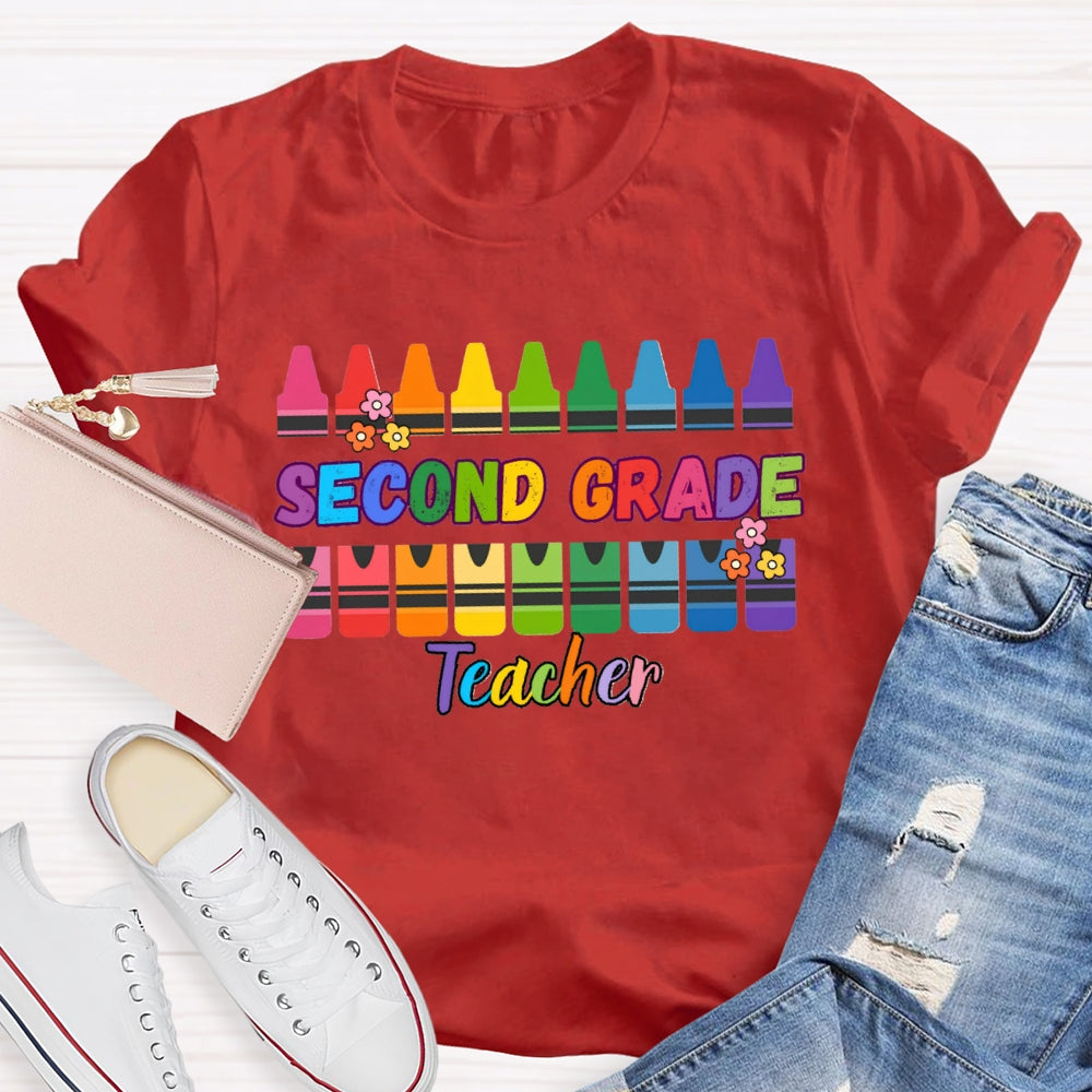 Personalized Grade Second Grade Teacher Colored Crayons T-shirt