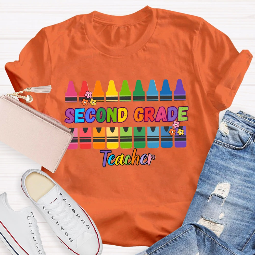 Personalized Grade Second Grade Teacher Colored Crayons T-shirt