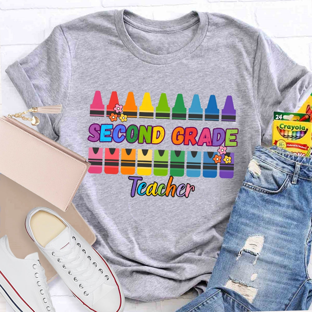 Personalized Grade Second Grade Teacher Colored Crayons T-shirt