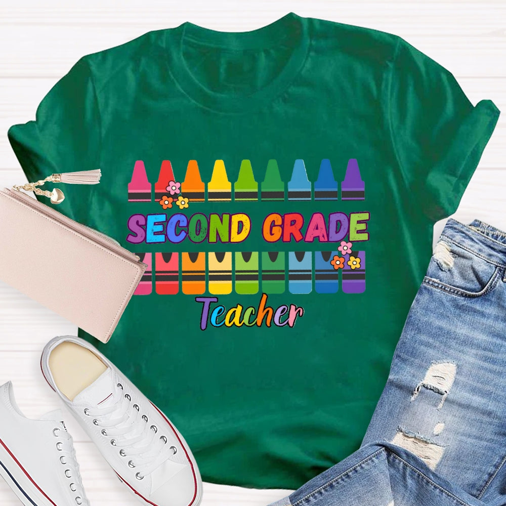 Personalized Grade Second Grade Teacher Colored Crayons T-shirt