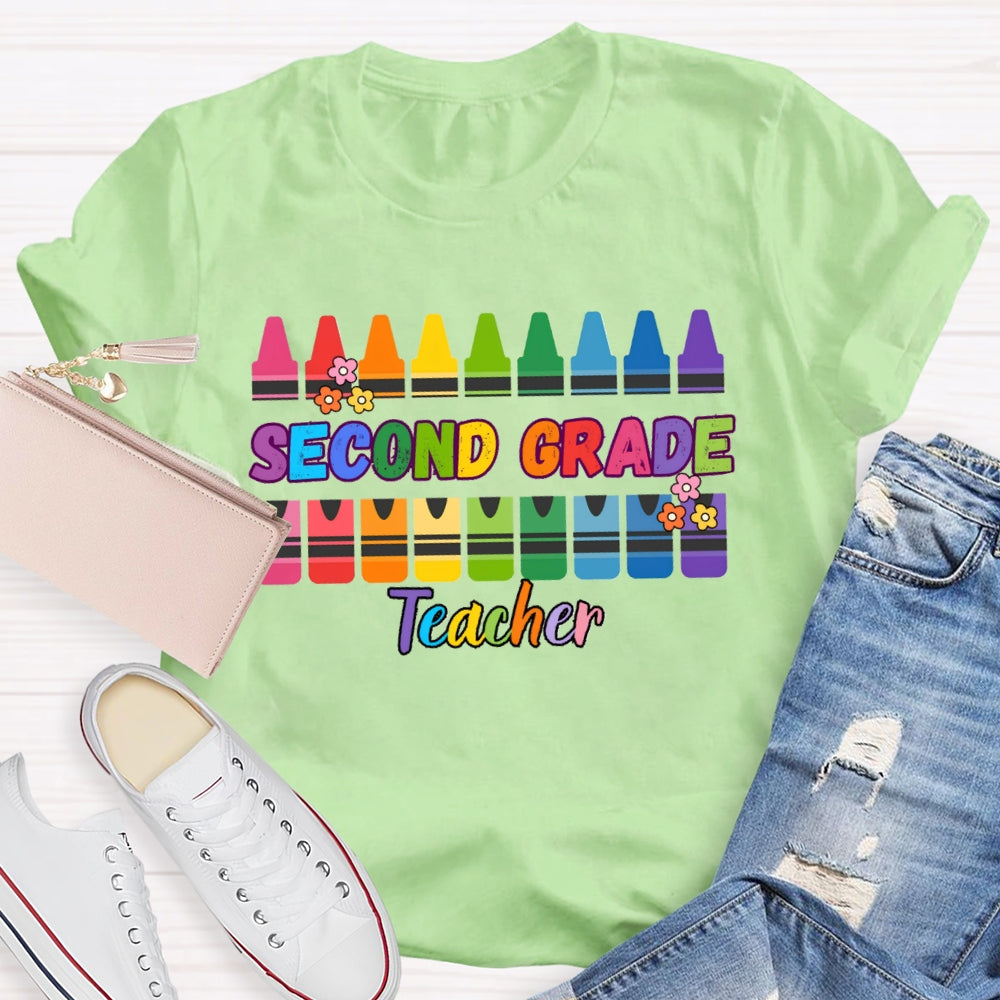Personalized Grade Second Grade Teacher Colored Crayons T-shirt
