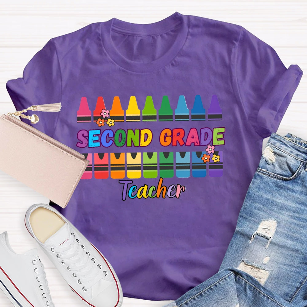 Personalized Grade Second Grade Teacher Colored Crayons T-shirt