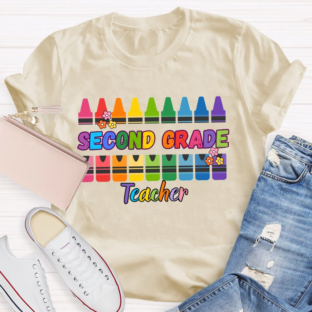 Personalized Grade Second Grade Teacher Colored Crayons T-shirt