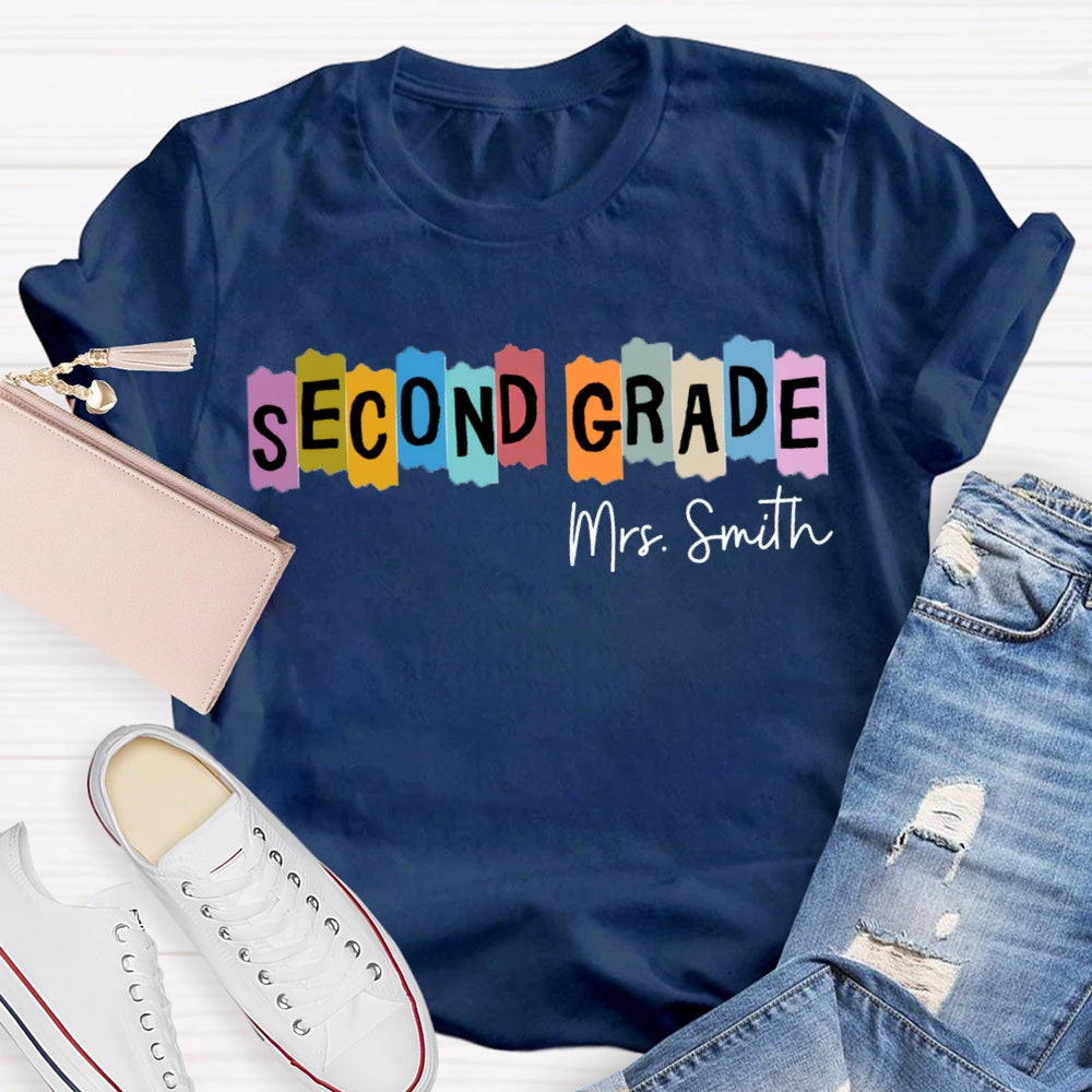 Personalized Name And Grade Second Grade Colored Squares Teacher T-shirt