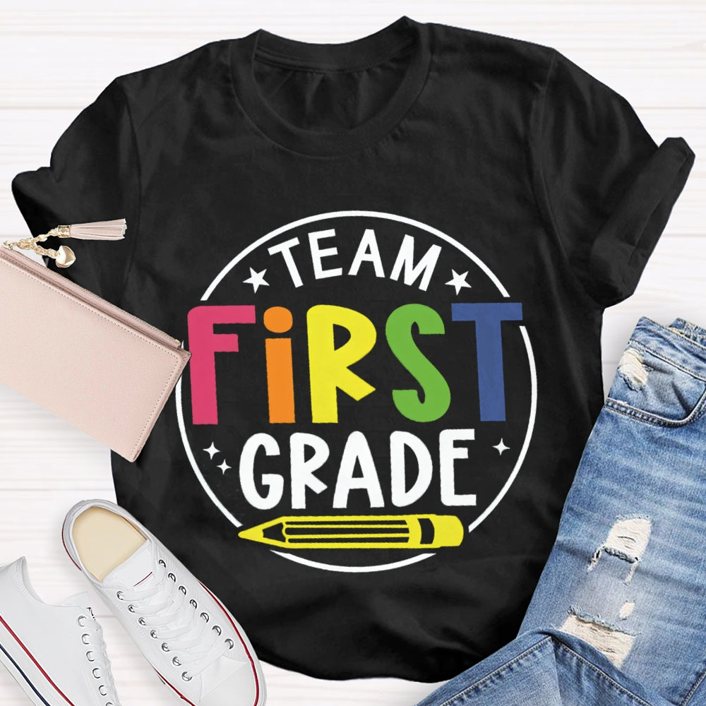Personalized Grade First Grade Team Yellow Pencil Teacher T-shirt