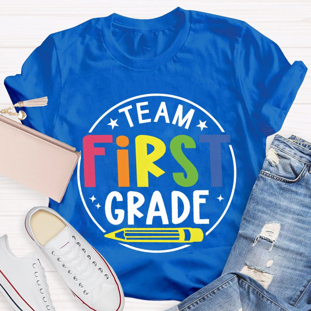 Personalized Grade First Grade Team Yellow Pencil Teacher T-shirt