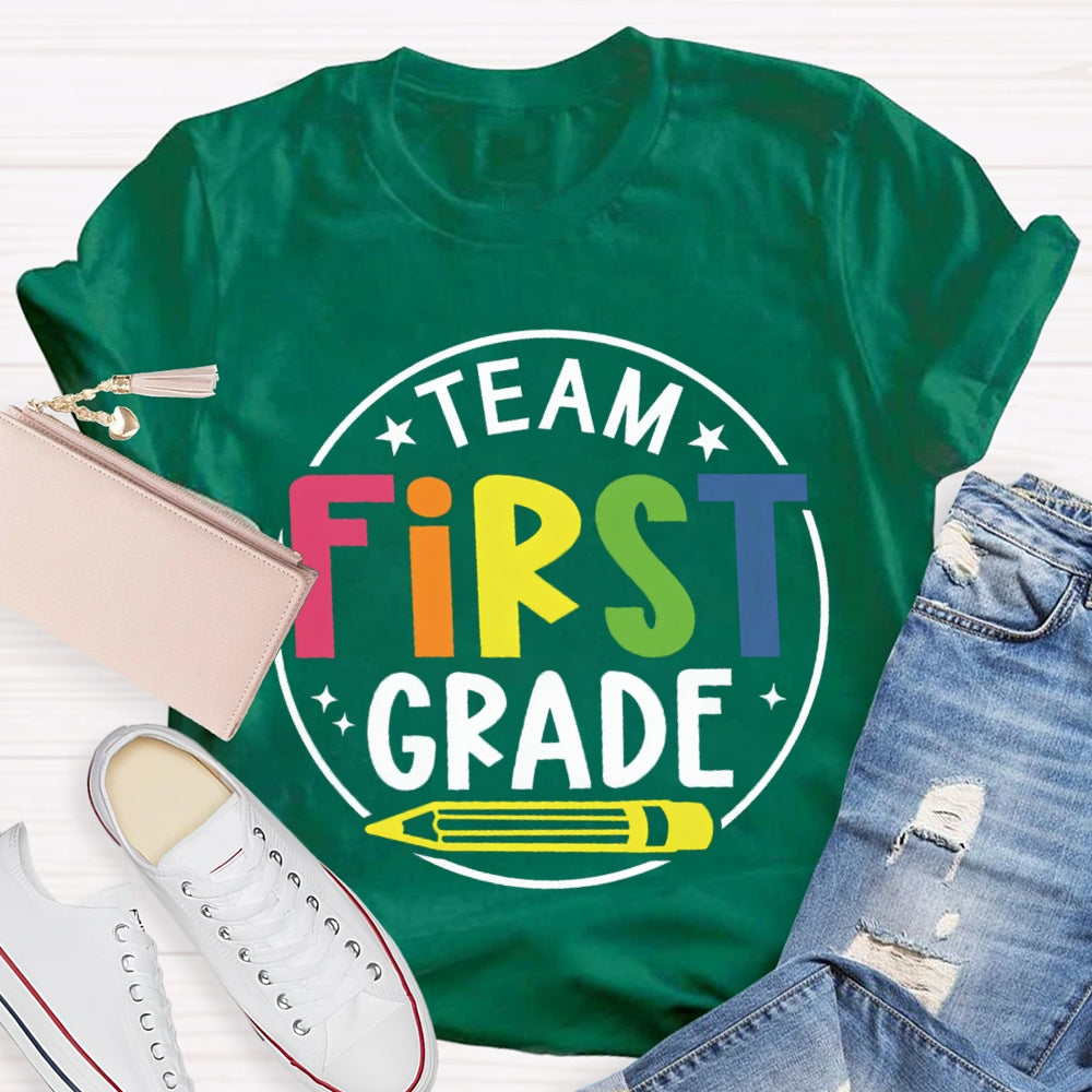 Personalized Grade First Grade Team Yellow Pencil Teacher T-shirt