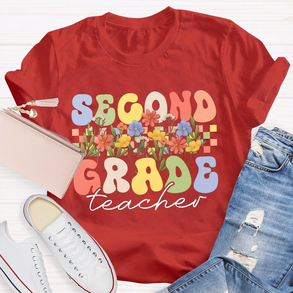 Personalized Grade Second Grade Teacher A Row Of Bouquets T-shirt