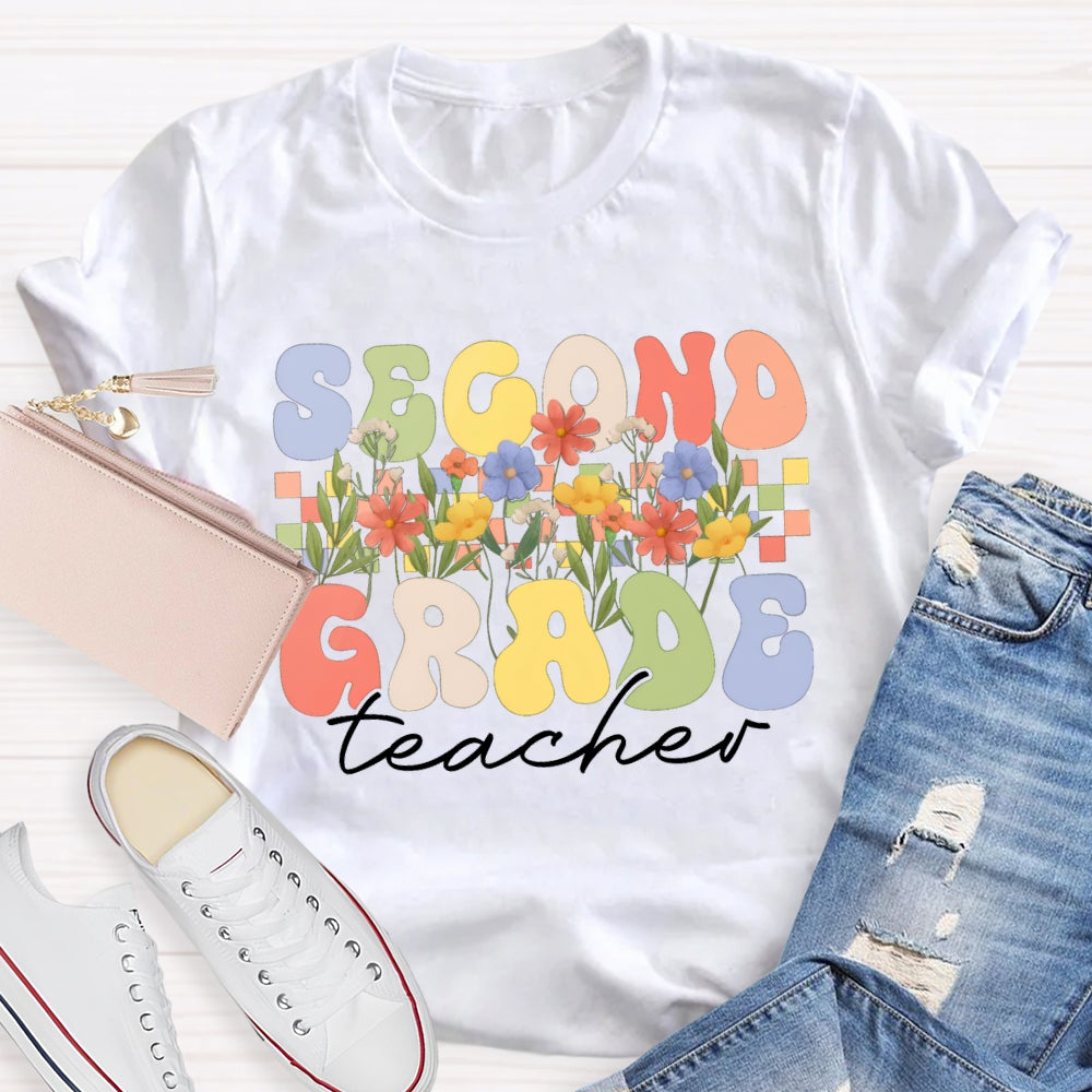 Personalized Grade Second Grade Teacher A Row Of Bouquets T-shirt