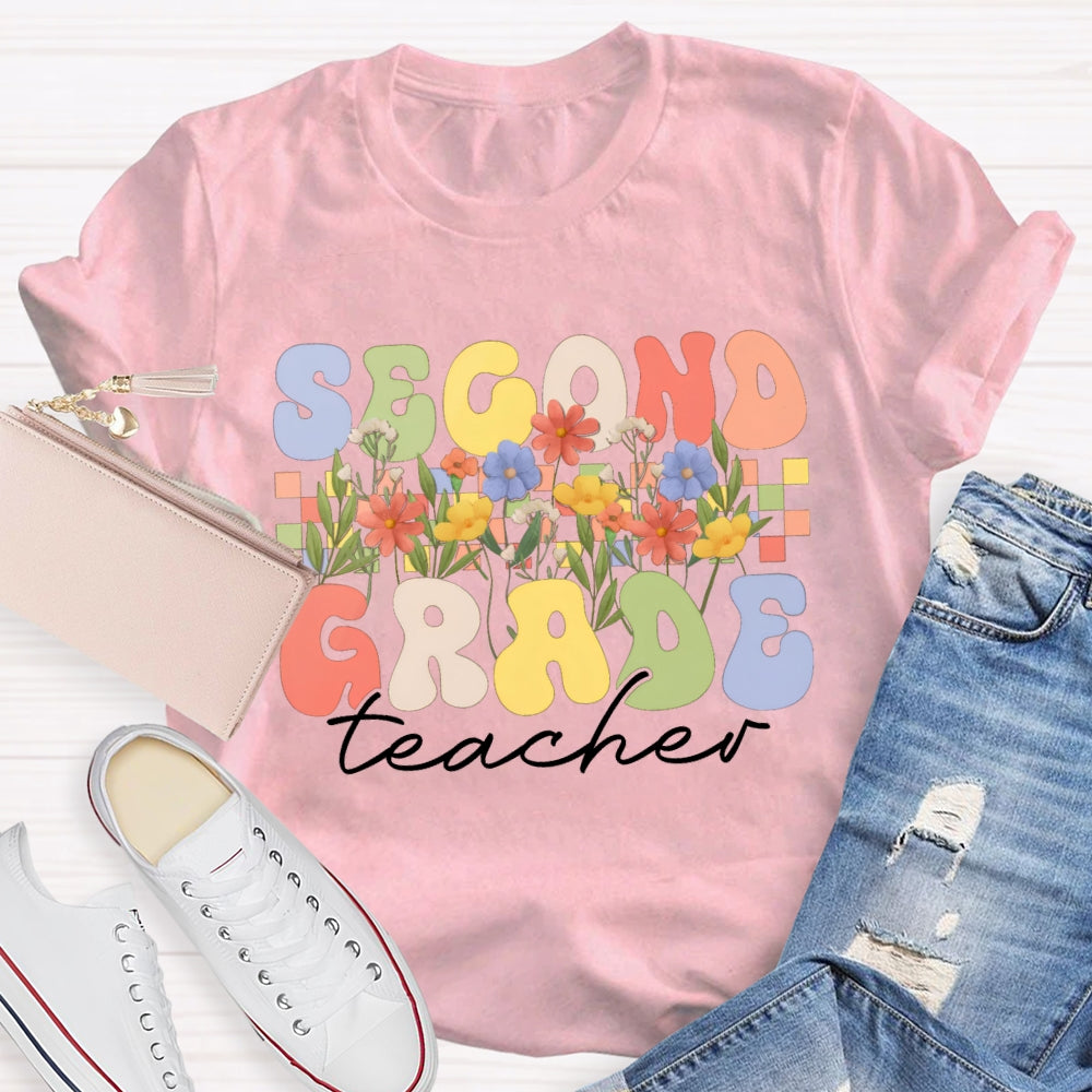 Personalized Grade Second Grade Teacher A Row Of Bouquets T-shirt