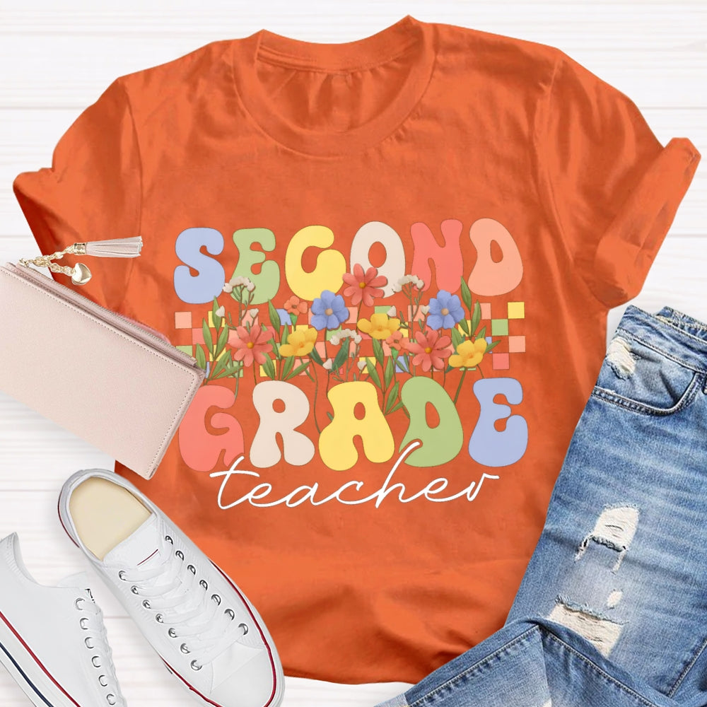 Personalized Grade Second Grade Teacher A Row Of Bouquets T-shirt