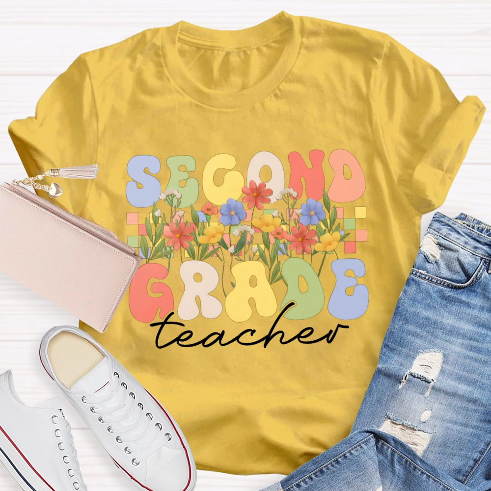 Personalized Grade Second Grade Teacher A Row Of Bouquets T-shirt
