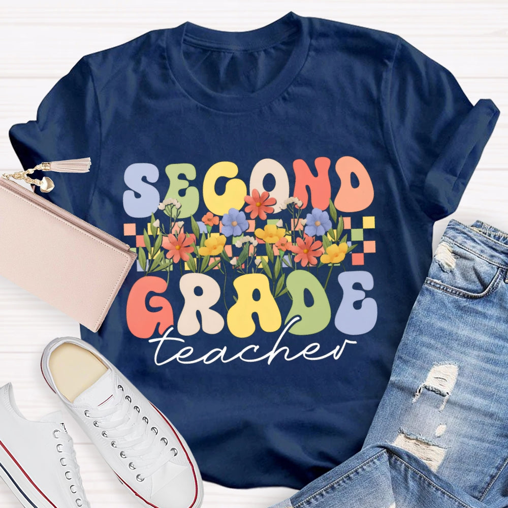 Personalized Grade Second Grade Teacher A Row Of Bouquets T-shirt