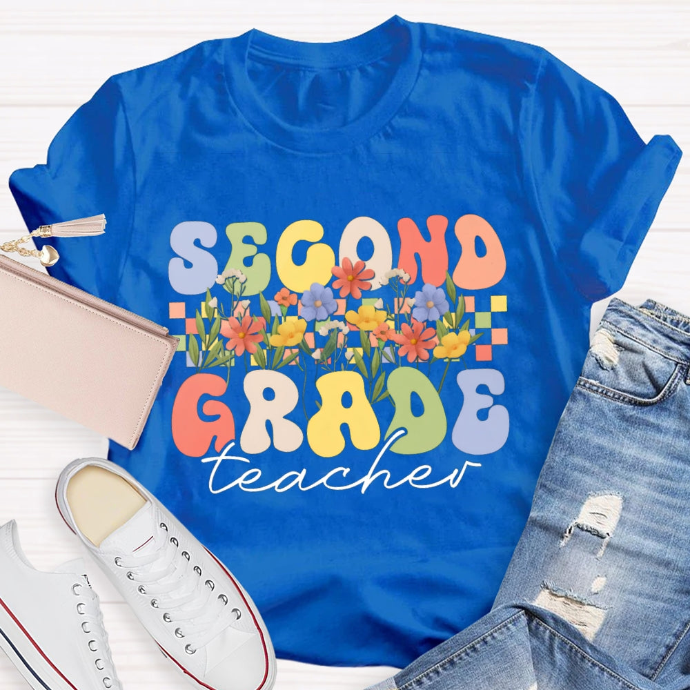 Personalized Grade Second Grade Teacher A Row Of Bouquets T-shirt