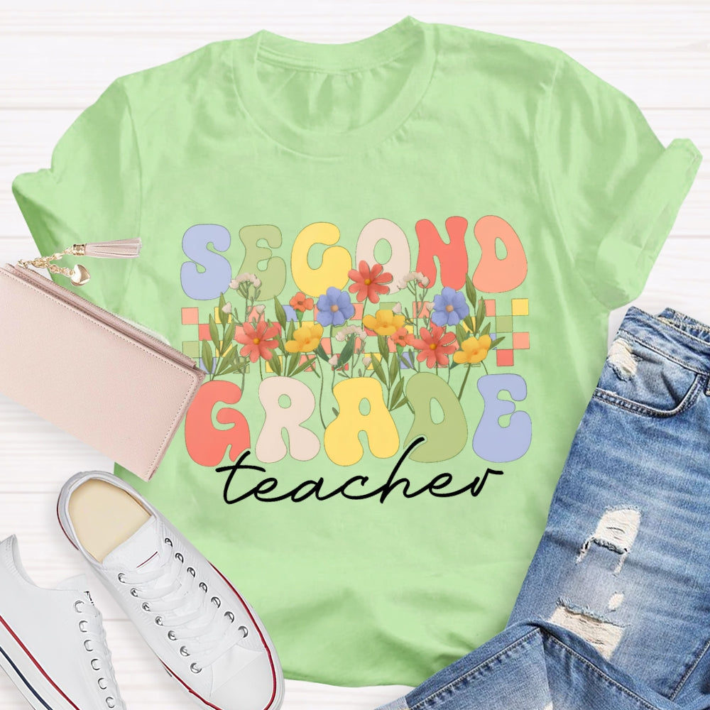 Personalized Grade Second Grade Teacher A Row Of Bouquets T-shirt