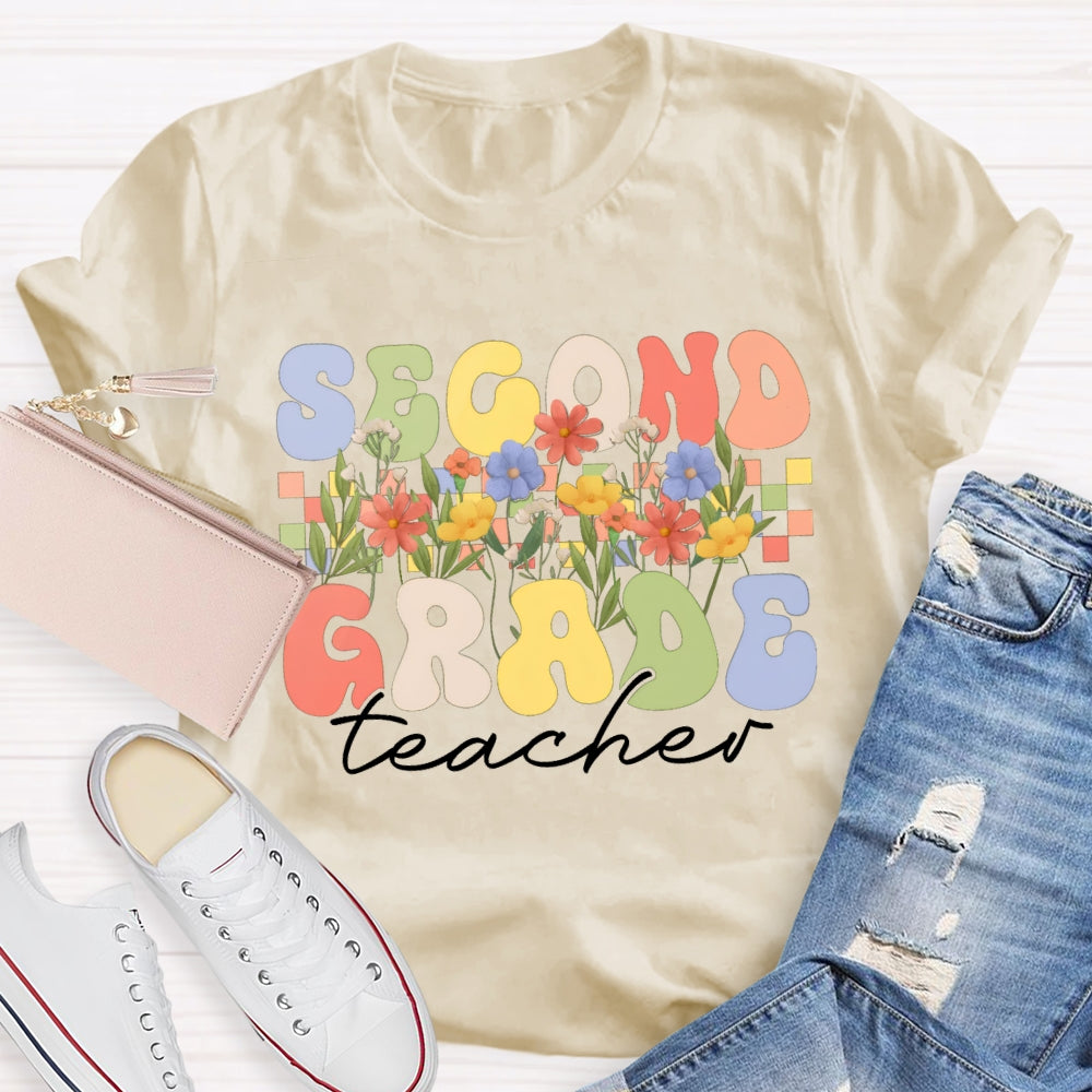 Personalized Grade Second Grade Teacher A Row Of Bouquets T-shirt