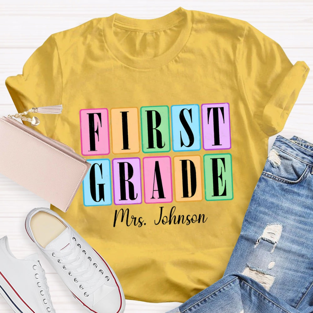 Personalized Grade And Name Second Grade Colored Squares Teacher T-shirt