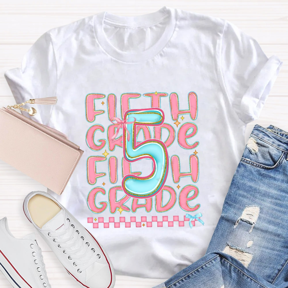 Personalized Grade First Grade Pink Small Square Teacher T-shirt
