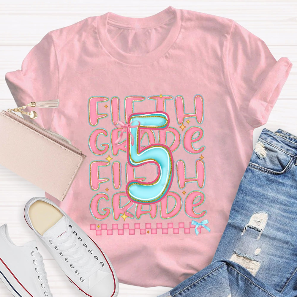 Personalized Grade First Grade Pink Small Square Teacher T-shirt