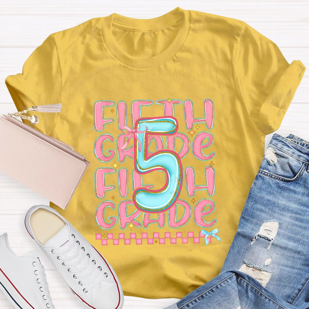 Personalized Grade First Grade Pink Small Square Teacher T-shirt