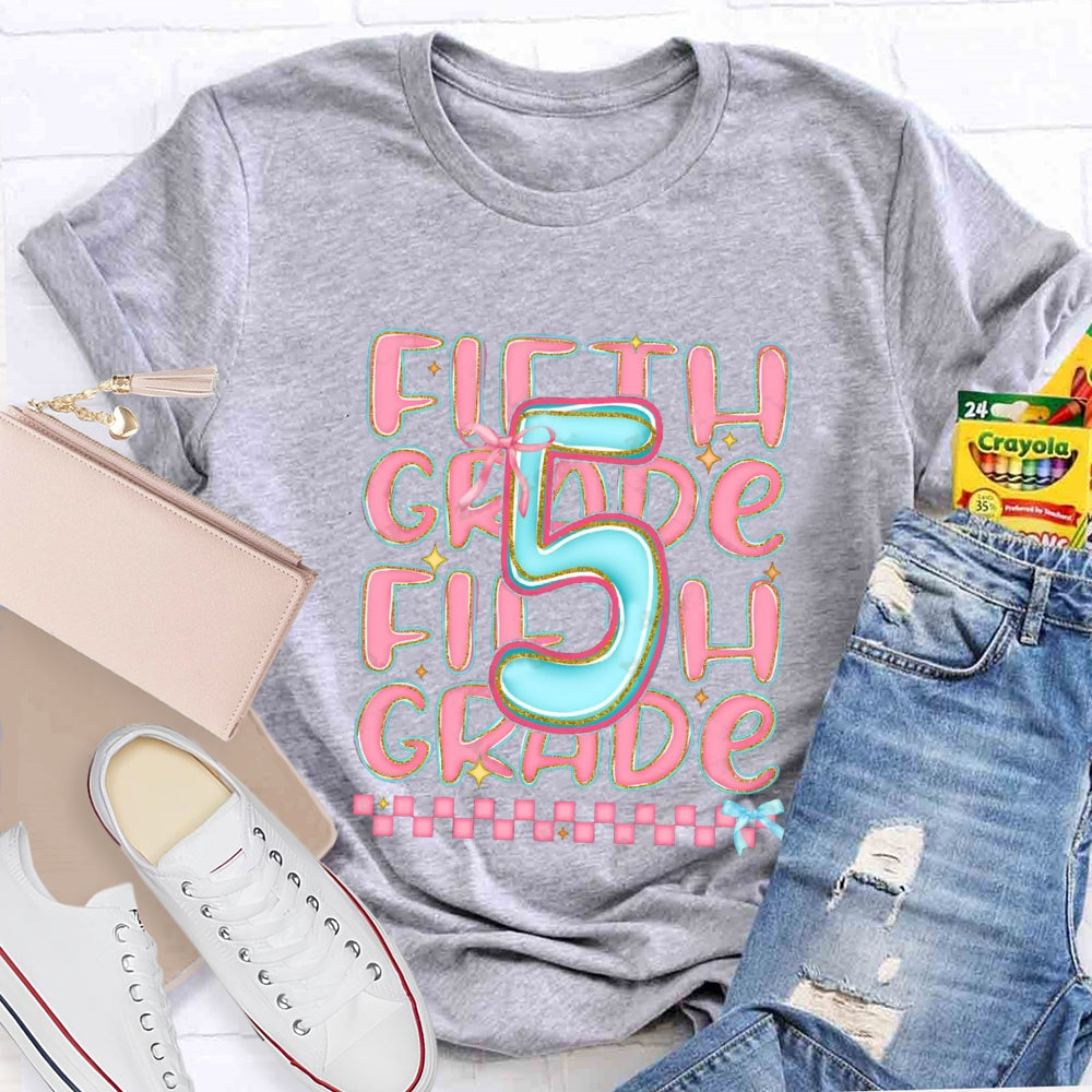 Personalized Grade First Grade Pink Small Square Teacher T-shirt