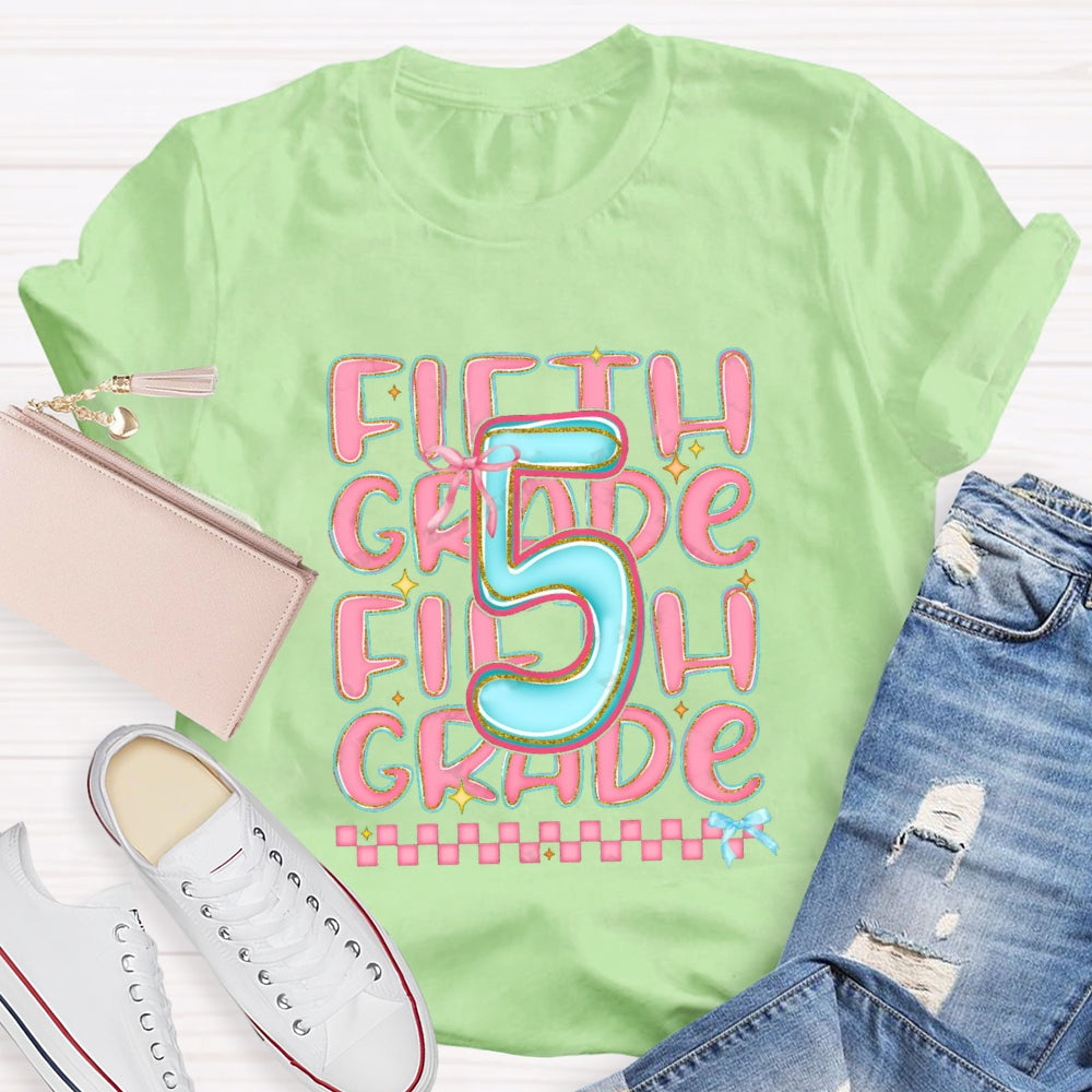 Personalized Grade First Grade Pink Small Square Teacher T-shirt